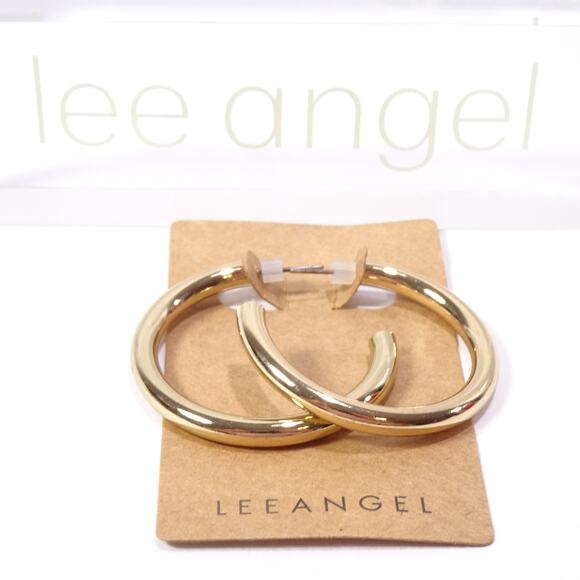 Neiman Marcus Lee Angel Women's Shiny Gold Tubular Hoop Earrings NWT 98 - Picture 2 of 5